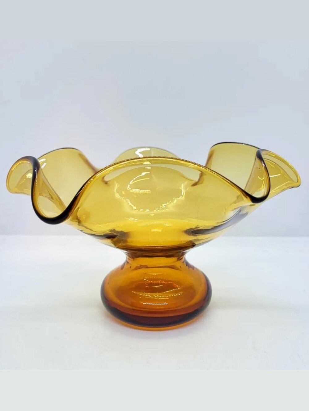 Vintage Amber Glass Ruffle 6 Petals Compote Bowl, 7", Hand-Blown Hollow Rnd Base